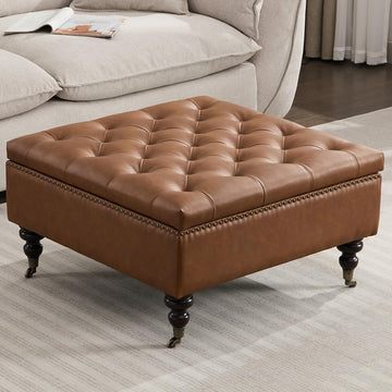 Large Square Storage Ottoman Uphlostered PU Button Coffee Table, Brown | Oversized Footrest Bench With Castered