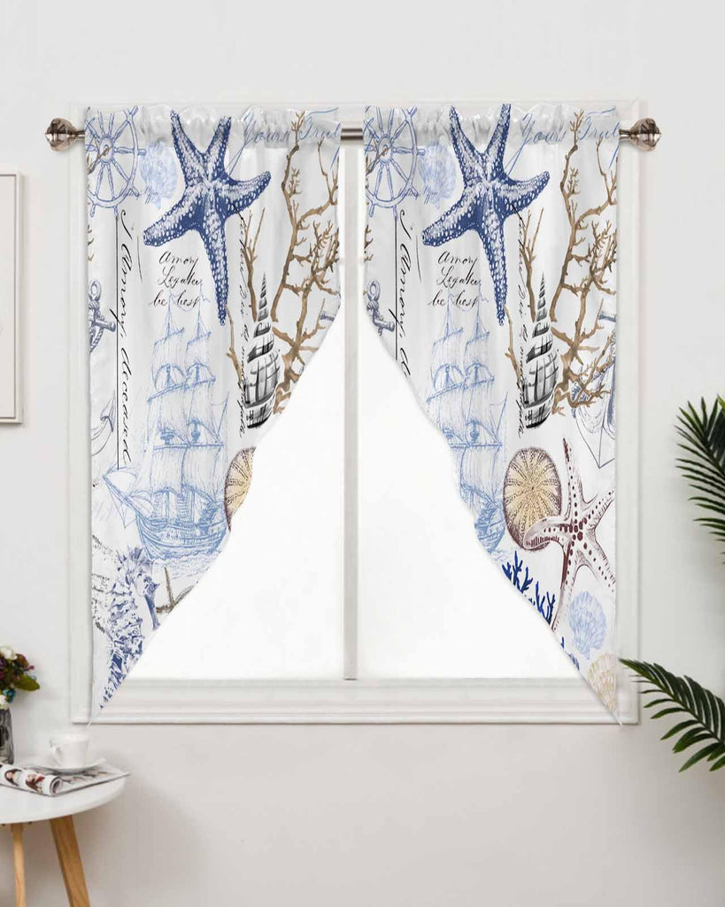Coastal Nautical Swag Curtains Valance Windows, Ocean Blue Starfish Coral Shell Vintage Rod Pocket Curtain