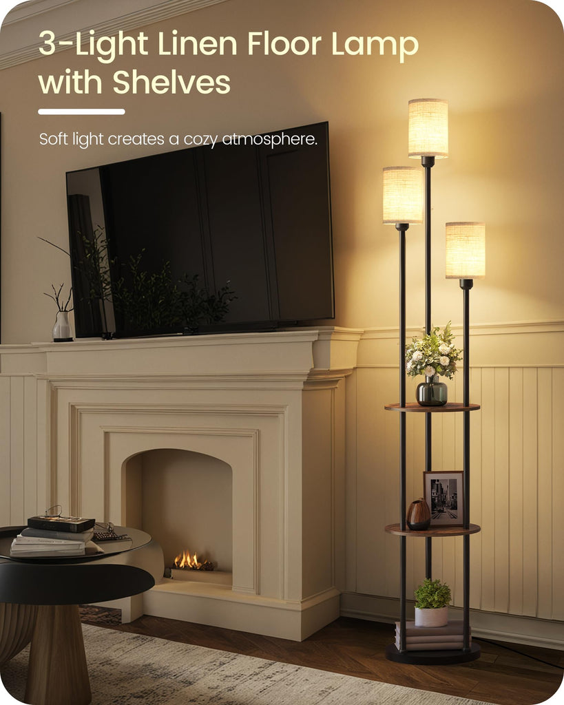 70.9" Floor Lamp with Shelves, Modern Floor Lamp with 3 Linen Shades and Foot Switch, 3-Light Standing Lamp, Study