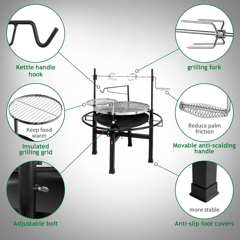 33 Inch Outdoor Fire Pit with 2 Grills, Wood Burning Firepit with Swivel Cooking Grate, Removable Swivel Grill