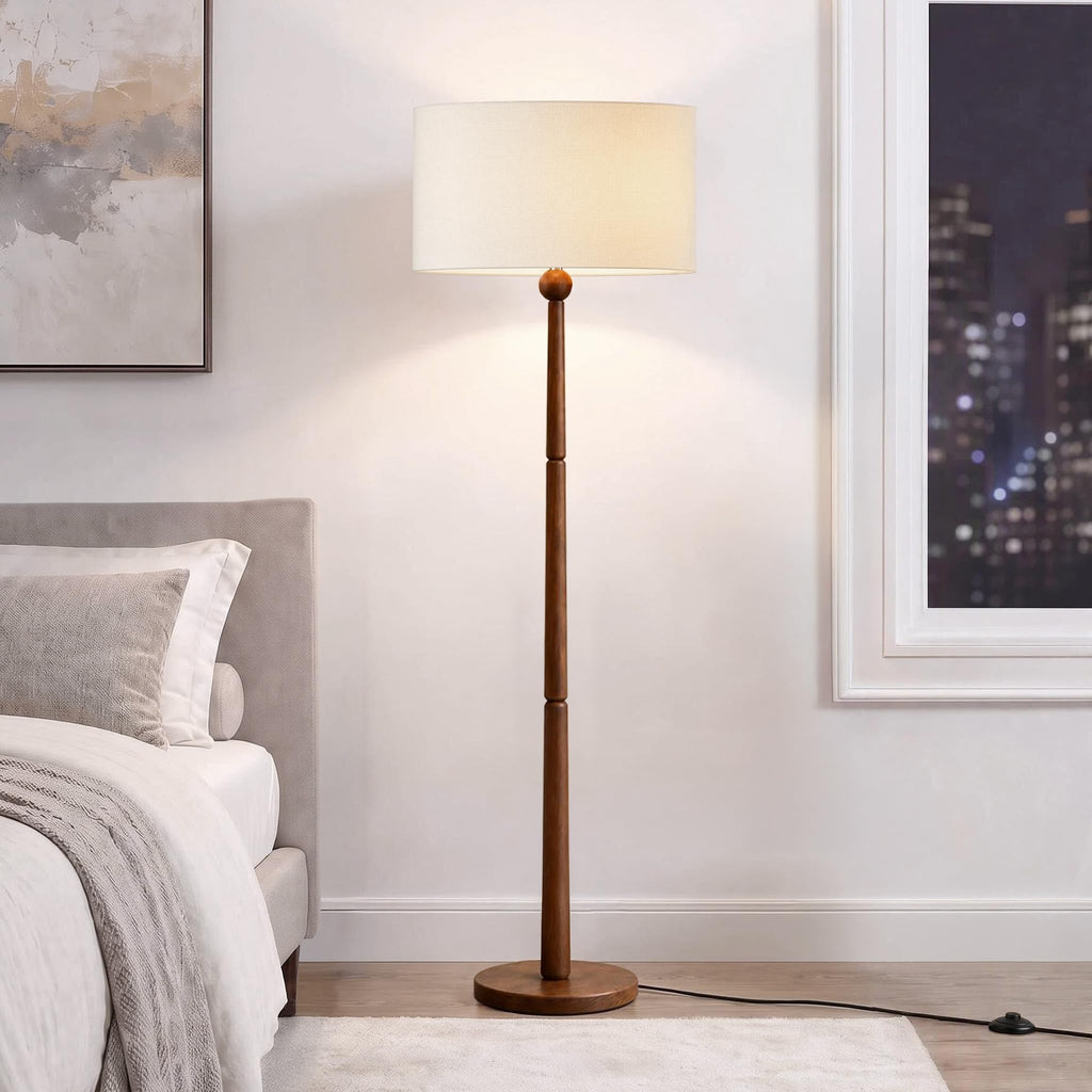 65 Inch Single Ball Walnut Wood Floor Lamp with Linen Shade, Cream