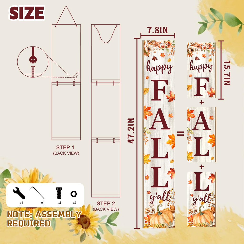 Happy Fall Y'all Welcome Porch Sign, 47.2 Inches Vertical Outdoor Fall Decor, Autumn Harvest Pumpkin & Maple Leaf