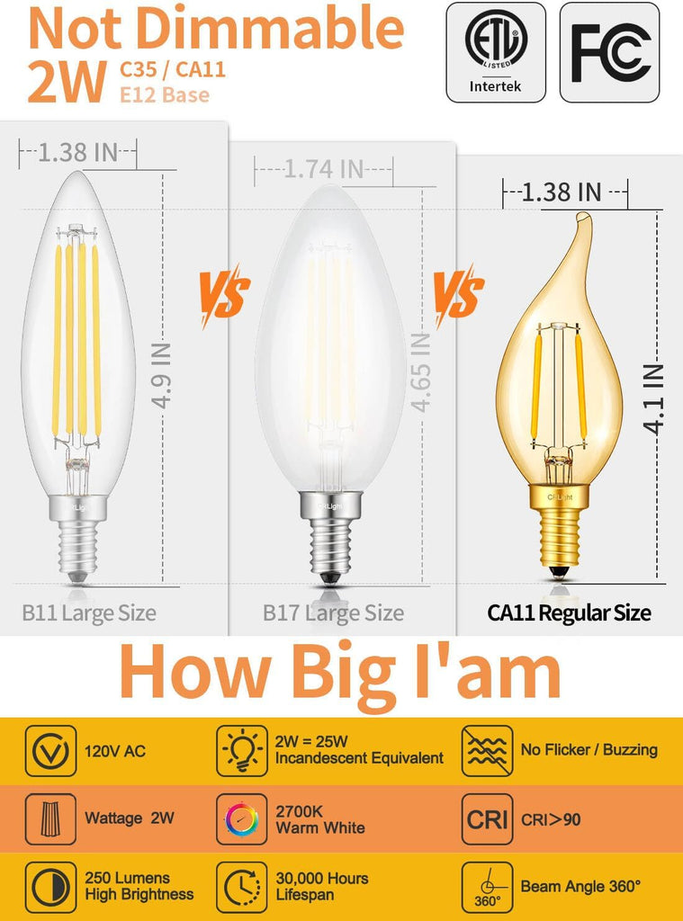 2W LED Candelabra Bulbs 25W Eq, E12 2700K Amber Flame Tip, 12 Pack