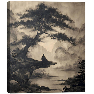Framed Chinese Ink Meditation Monk Canvas Wall Art, Vintage Pine Mountain Landscape Canvas Prints Pictures, Zen wall