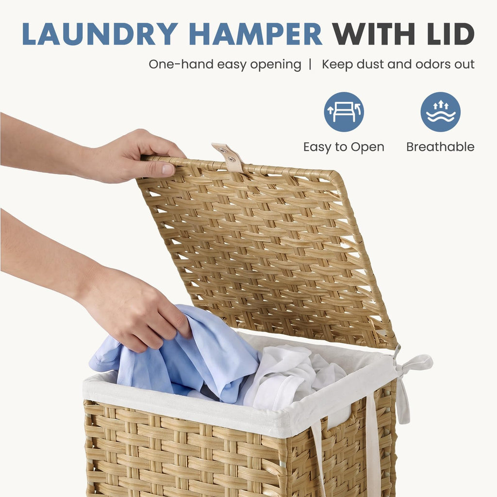 Laundry Basket with Lid, 65L Wicker Laundry Hampers, Goose Yellow
