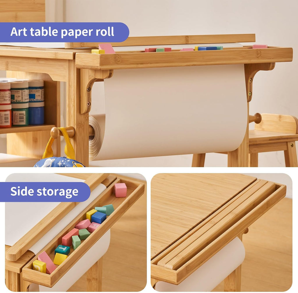 Kids Art Table and Chair Set with Paper Roll Holder, Toddler Craft Table with Storage Shelves, Side Supply Tray