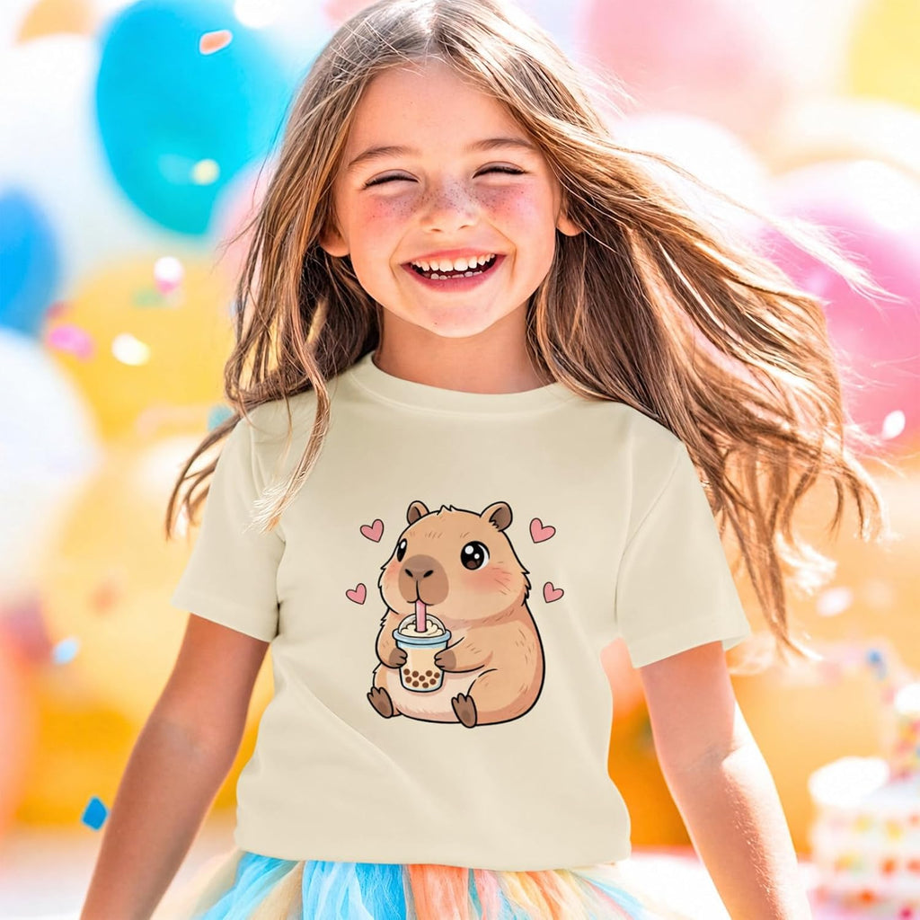 Capybara Shirt for Girls Cute Graphic Tees Kids Kawaii Animal Print T Shirts Funny Cartoon Summer Cotton Tops