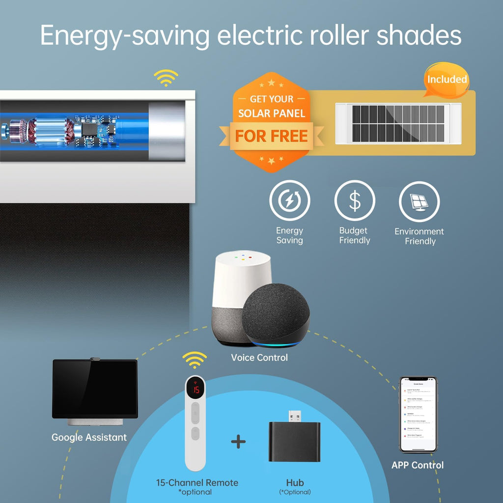 Motorized Blackout Shades, Thermal Polyester, Solar Powered, Customizable, Remote Control, Black