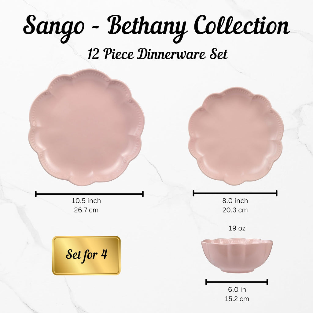 12 Pieces Scalloped Dinnerware Set, Modern Pink Dishes for 4, Premium Serving Plates & Bowls Sets, Chip Resistant