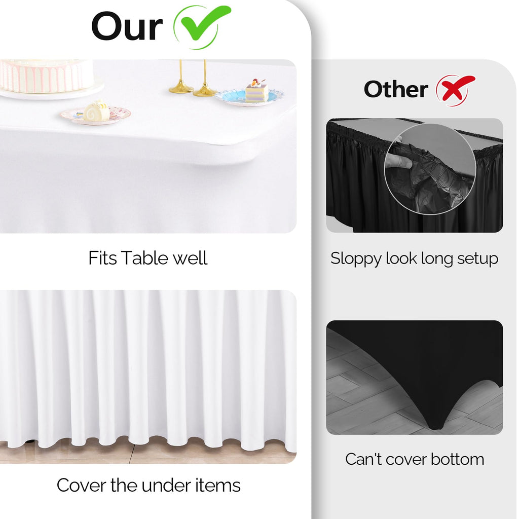 Care 12 Pack White Spandex Table Clothes for 6 Foot Rectangle Tables, 6FT Wrinkle Free Fitted Tablecloths Ruffles