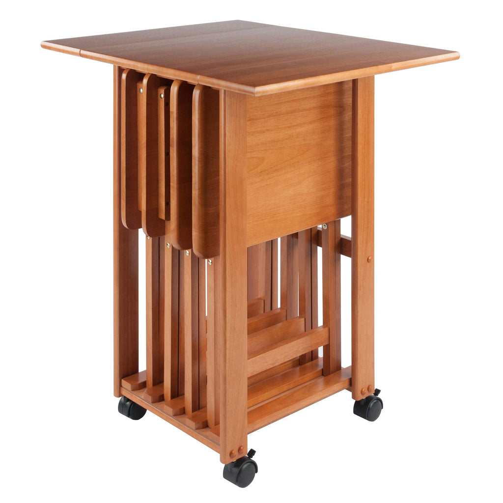 5-Piece Wood Folding Snack Table Set with Rolling Storage Stand and Removable Serving Tray - Fully Assembled (Teak)