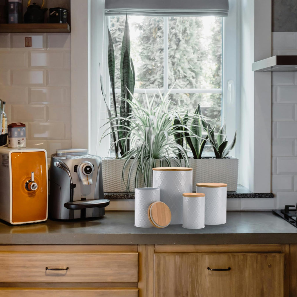 White Kitchen Canisters Set with Bamboo Lids, Airtight Sugar, Flour, Coffee, Cookie Storage Canister Sets Countertop