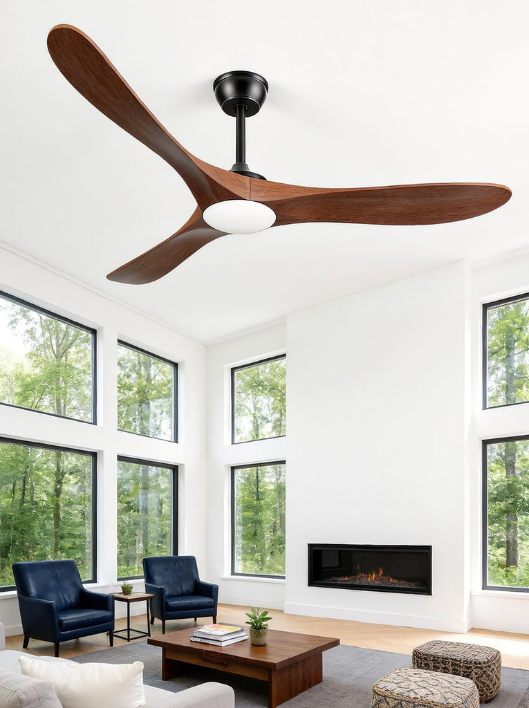 60 Inch Ceiling Fans with Lights and Remote, Solid Walnut Wood 3 Blade Modern Ceiling Fan, Quiet DC Motor, 6 Speeds, Timer, Dimmable LED, Indoor & Covered Outdoor Living Room, Bedroom, Patio (Walnut)