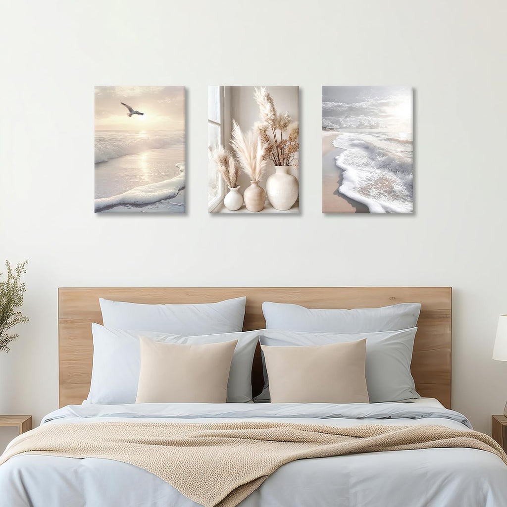 Modern Beige Abstract Beach Botanical Sunset Canvas Wall Art 16"x24"x3