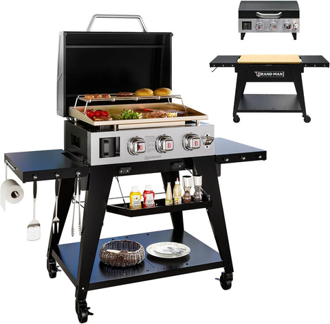 3-Burner Portable Propane Gas Griddle with Lid, 28,000 BTU Flat Top Grill, 504 Sq. In. Cooking Area, Folding Side Tables and Rolling Cart for Outdoor BBQ and Camping