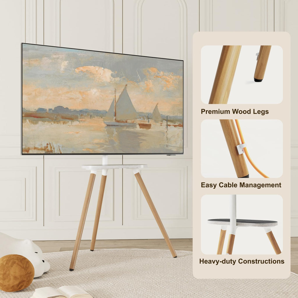 Solid Wood Easel TV Stand for 43-65" TVs with Shelf, White Beech