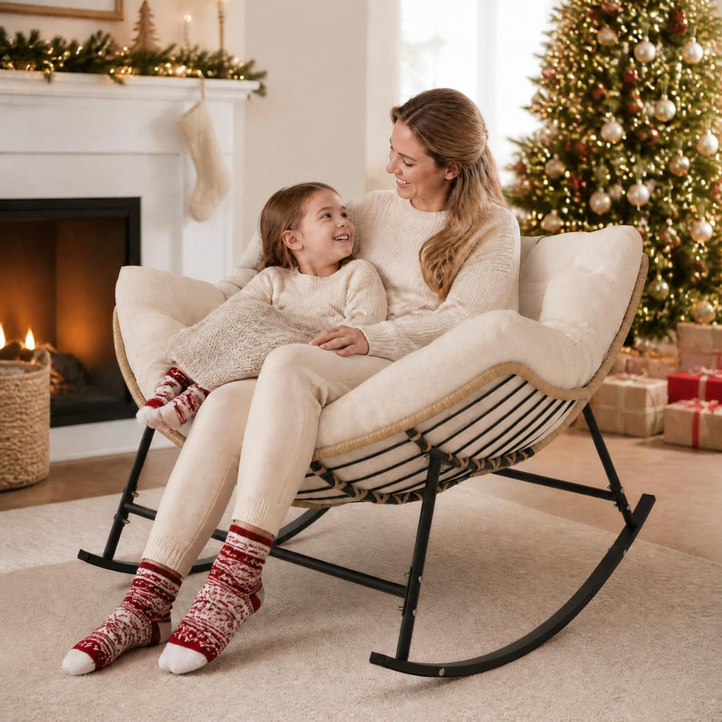 Outdoor Papasan Rocking Chair with Thick Cushion, Cream