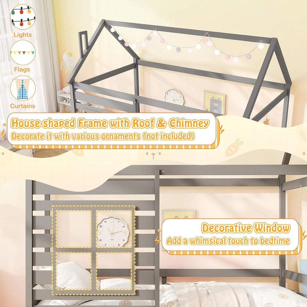 Tw Bed with Trundle Bed, Wooden Twin Bed Frames with Roof, Chimney & Window, Montessori House Bed with Safety