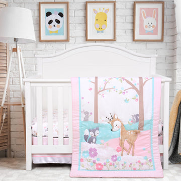 Crib Bedding Set for Girl 3 Piece Woodland Baby Girl Crib Bedding Set