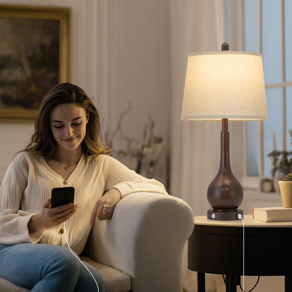 26" Brown Table Lamps Set of 2, Touch Control Bedside Lamps Nightstand, 3-Way Dimmable Farmhouse Lamp with Charging