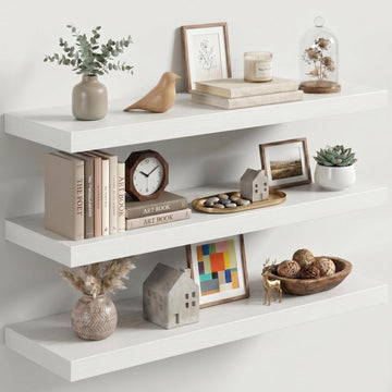 32 Inch Floating Shelves for Wall, White Wood Wall Mounted Shelf with Invisible Bracket, 10 Inch Deep Large Shelves