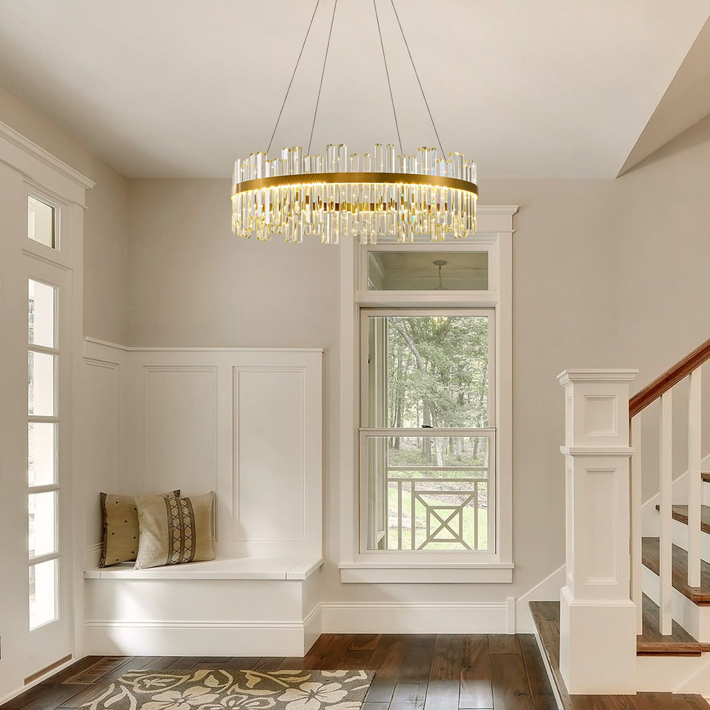 Gold Led Modern Crystal Chandelier, Round Large Dining Room Light Fixture