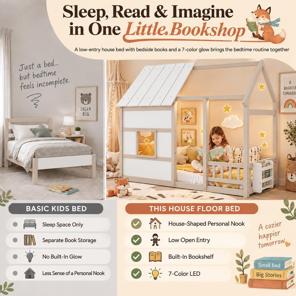 House Floor Bed with Bookshelf and 7-Color LED Lights, Cream+White
