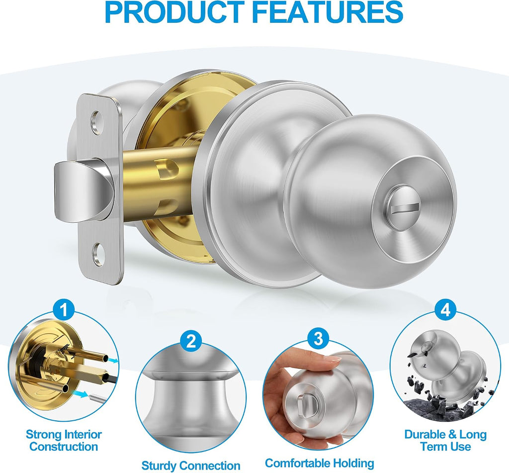 10 Pack Privacy Door Knobs Interior, Satin Nickel Doorknob with Lock -ANSI Grade-3 Certified,Keyless Door Locks