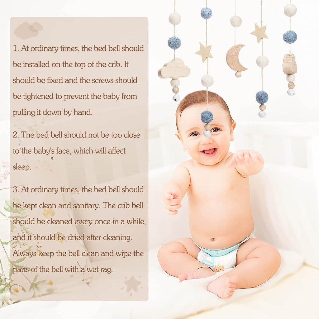 Boho Baby Crib Mobile Decor - Wooden Moon and Stars Nursery Mobiles with Cloud for Bassinet Starry Night Soft Felt