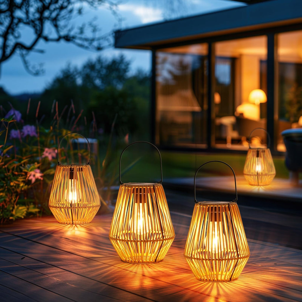4 Pack Rattan Lantern Solar Outdoor Waterproof Hanging Lights