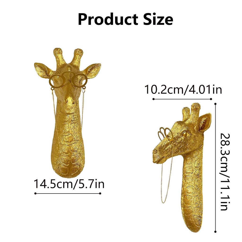 Decorative Gold Giraffe Head Wall Mount with Glasses, Resin Material, 11.42 x 5.71 x 4.33 Inches, Modern Safari Wall