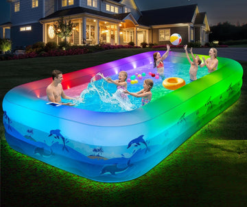 Extra Large Inflatable Pool with Lights - 145" x 74" x 22" Swimming Pool for Adults with Solar Powered, Blow Up Pool