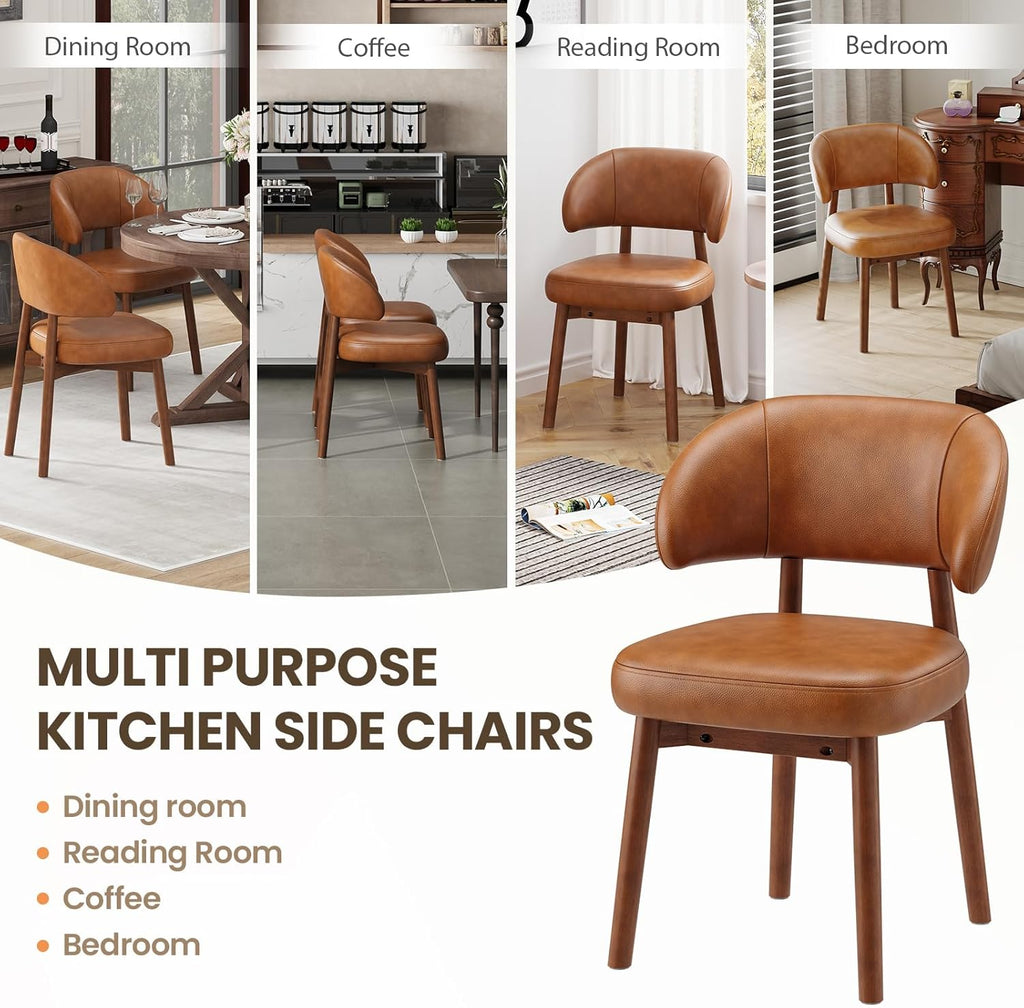 Wooden Dining Chairs Set of 4, Modern Upholstered Dining Room Chair, PU Leather Kitchen Side Chairs with Curved Open