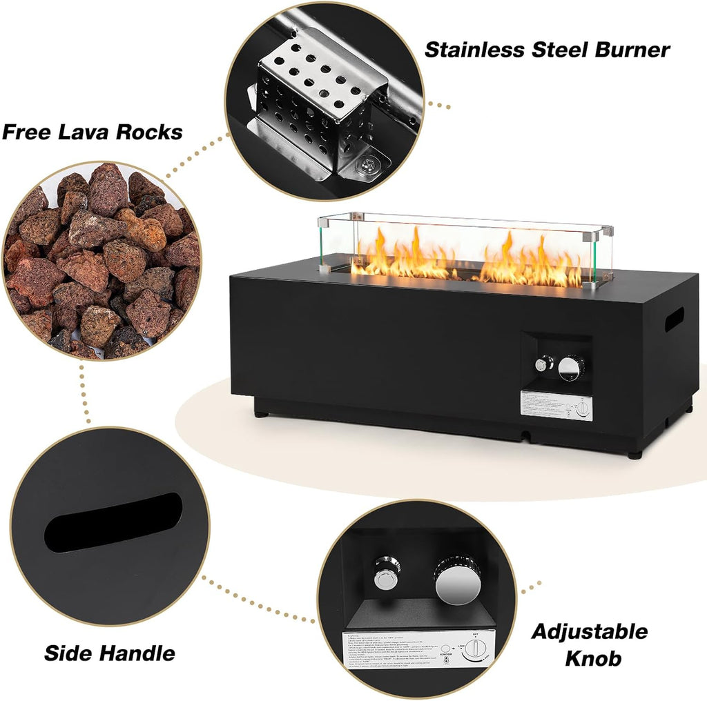 42'' Outdoor Propane Fire Pit Table, 50,000 BTU Rectanle Natural Gas Fire Pits with Tank Cover Wind Guard