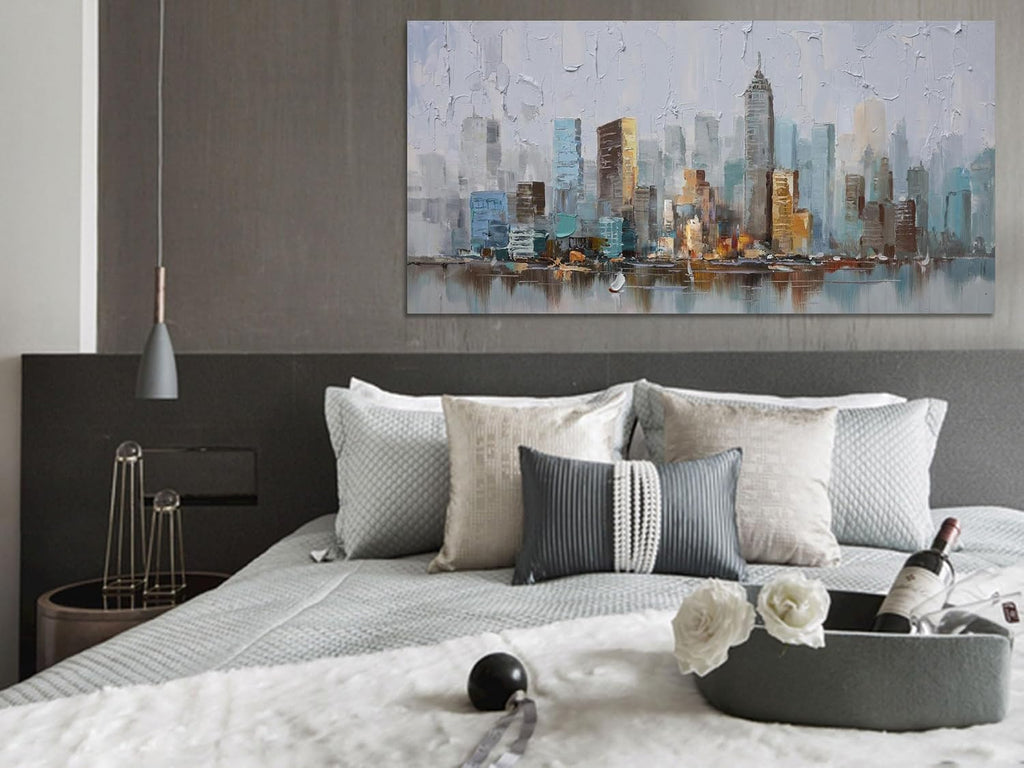 Abstract Cityscape Canvas Wall Art New York City Painting Modern Skyline Colorful NYC Grey Blue Picture, Large