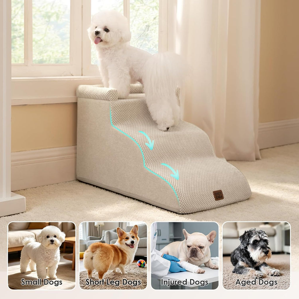 3-Step Curved Dog Stairs for Small Dogs 14" H, Beige