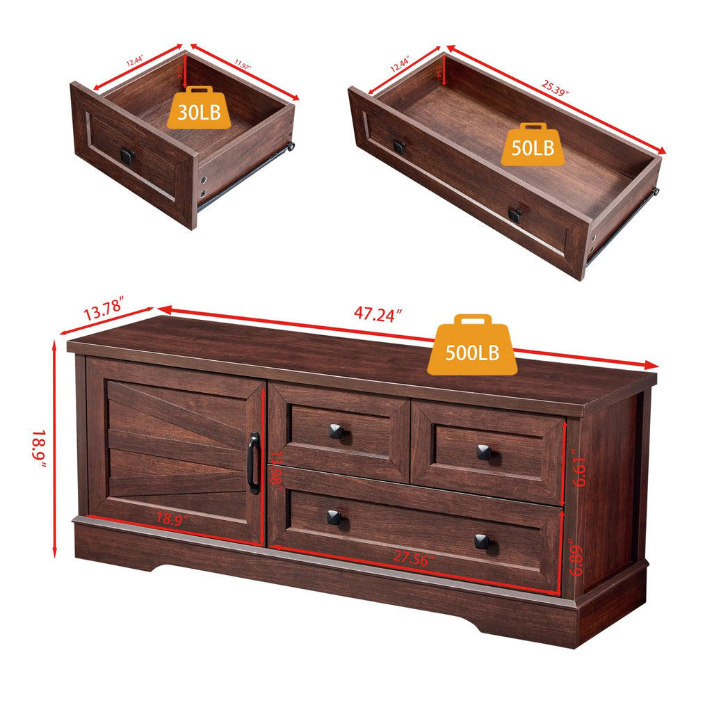 48 Inch Cherry Wood End of Bed Storage Bench, Farmhouse Bed Bench with Drawers and Cabinet, Rustic Shoe Storage Bench