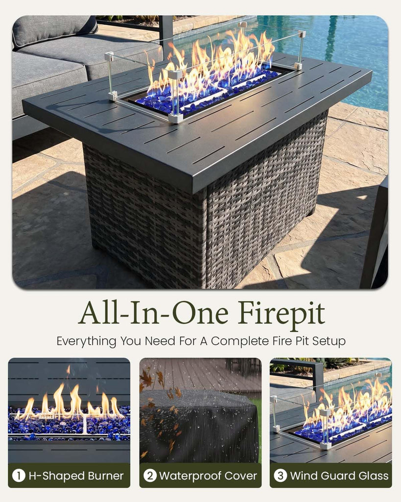 4 Pieces Aluminum Outdoor Patio Furniture Set, Metal Modern Conversation Sofa Set with Fire Pit Table and Washable