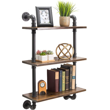 3-Tier Rustic Wooden Wall Floating Shelf Display 24"x36" With Iron Pipe