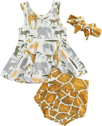 3Pcs Baby Girl Summer Outfit Animal Print Sleeveless Ruffle Tank Tops High Waist Shorts Headband Clothing Set