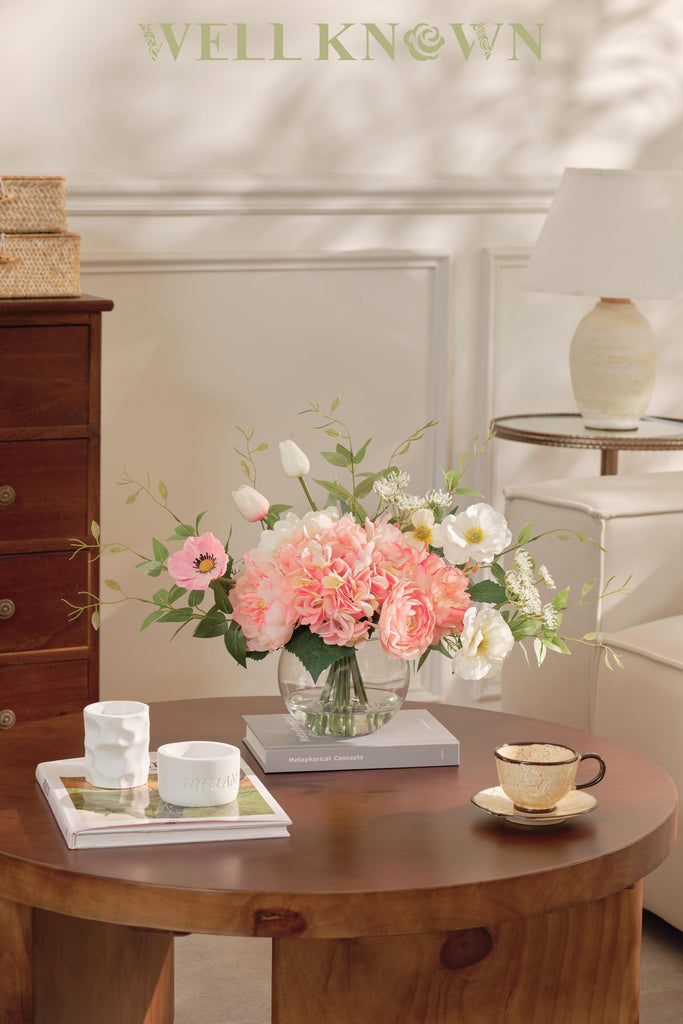 Artificial Flowers in Vase, Fake Silk Peony Tulip Hydrangea Pink & White Flower Bouquet Arrangement with Faux Water