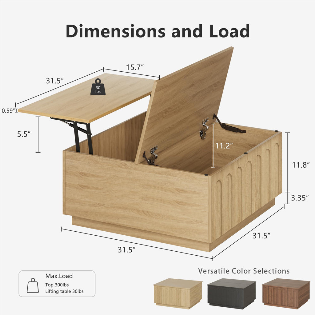 31.5" Lift Top Coffee Table with Storage, Arched Design, Oak