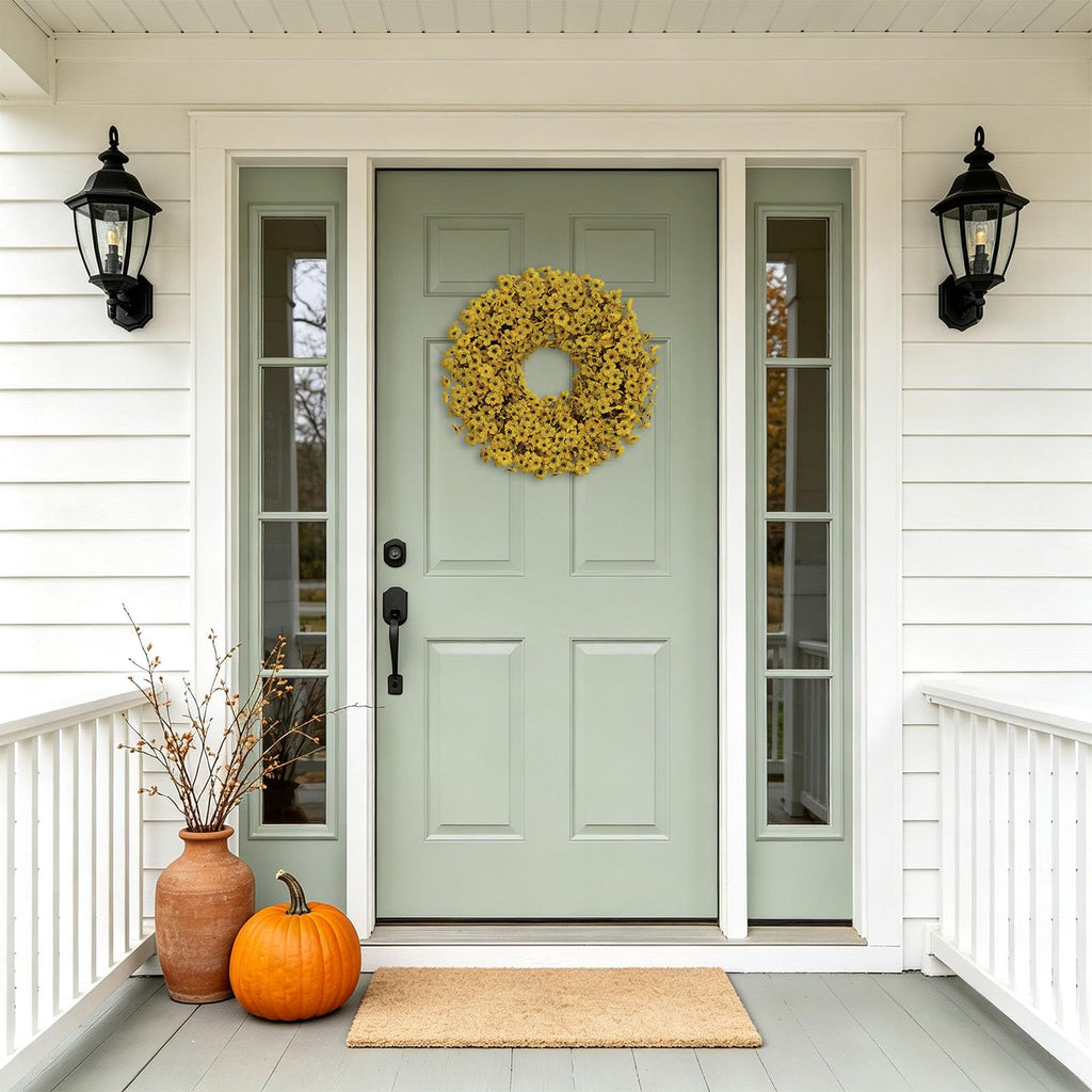 20" Yellow Fall Wreath for Front Door, Artificial Mums Autumn Wreath