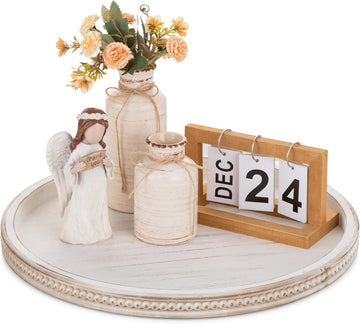 Large Round Decorative Tray: 17" White Coffee Table Decor Wood Centerpiece Beaded Trays Farmhouse Boho Ottoman
