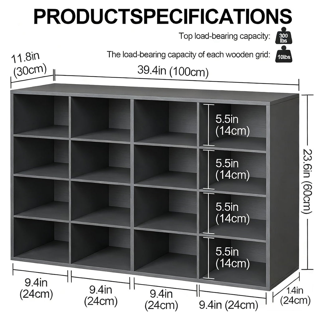 Shoe Storage Bench, Cubby Shoe Rack with 16 Cubbies, 4-Tier Wood Shoe Rack Organizer, Shoe Organizer Cabinet, Closet