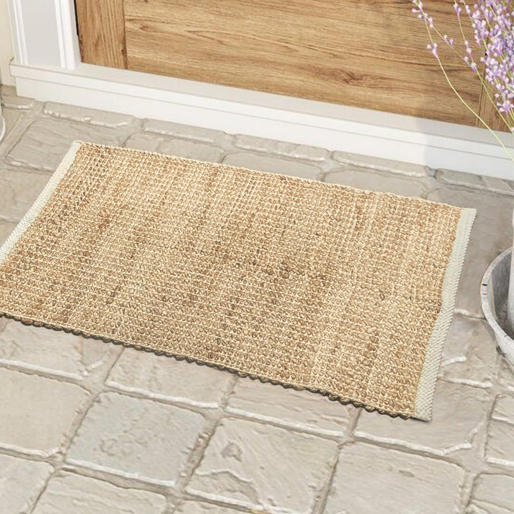 2x3 Jute Cotton Hand Woven Rug | Braided Doormat, Boho, Rustic, Natural Jute/Ivory | Farmhouse Vinta
