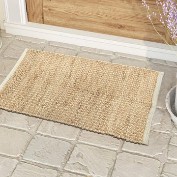 2x3 Jute Cotton Hand Woven Rug | Braided Doormat, Boho, Rustic, Natural Jute/Ivory | Farmhouse Vinta