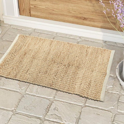 2x3 Jute Cotton Hand Woven Rug | Braided Doormat, Boho, Rustic, Natural Jute/Ivory | Farmhouse Vinta