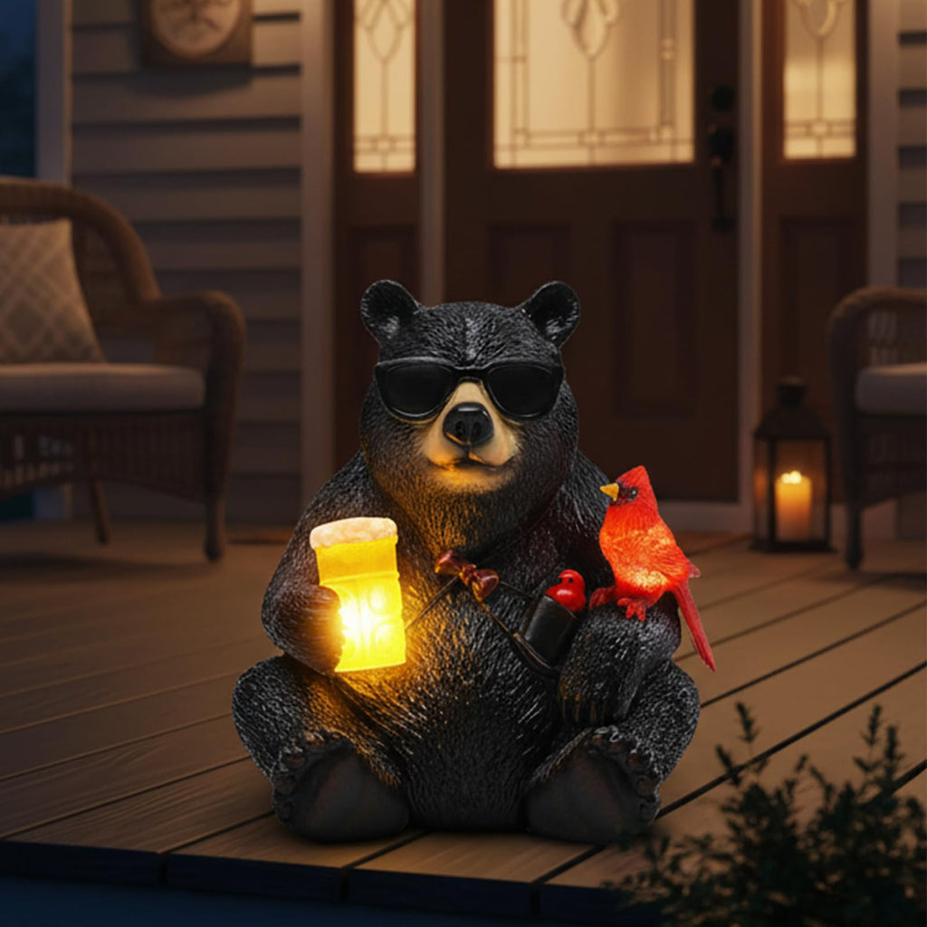 Solar Black Bear Statue for Garden with Beer and Cardinals