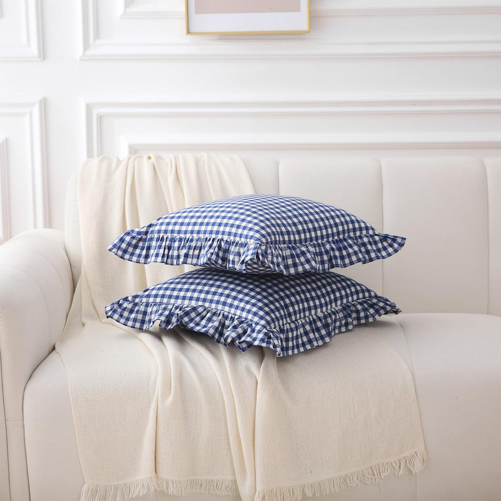 2 Pack Navy Blue Gingham Ruffle Throw Pillow Covers 18''x18''